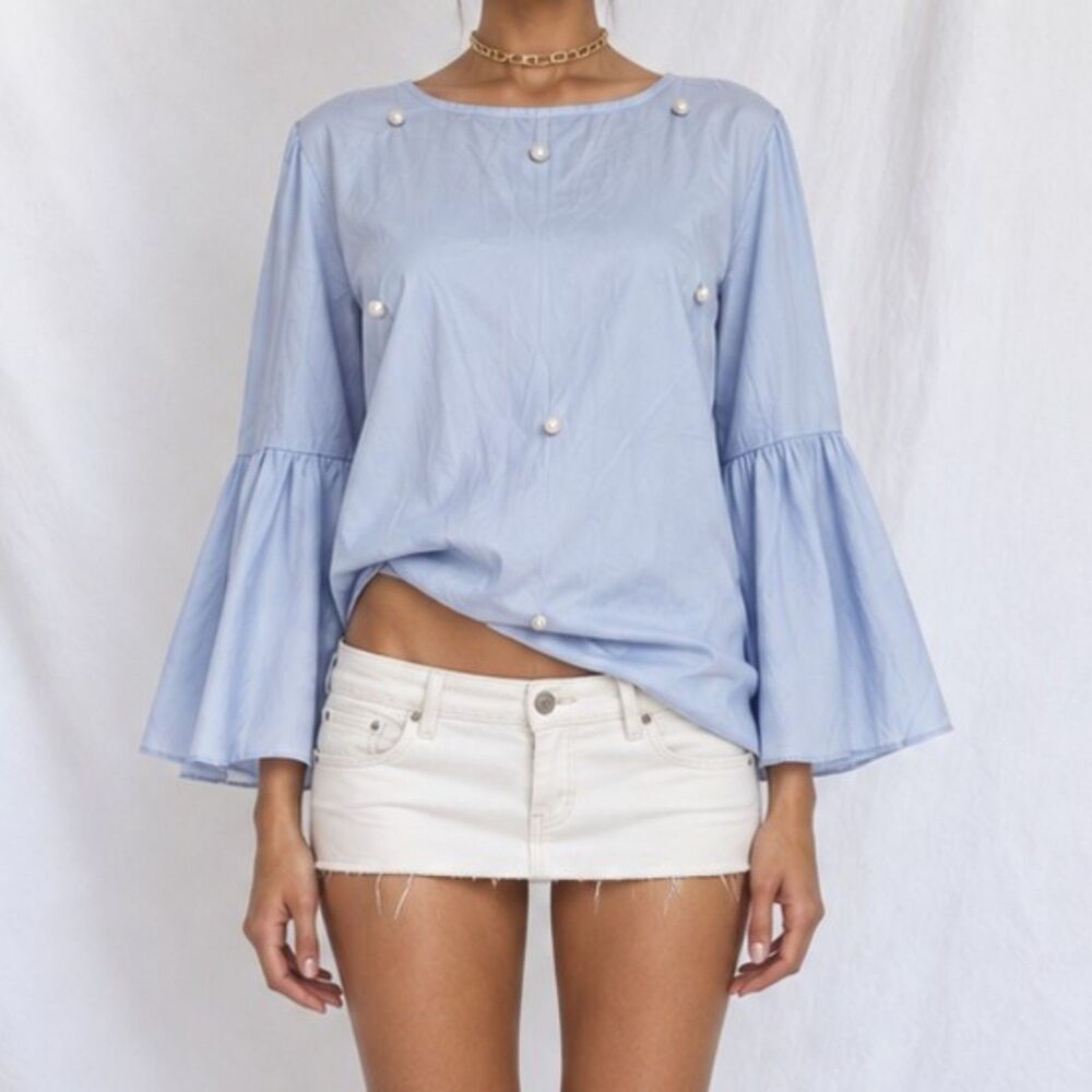 Vintage Y2K Blue Long Bell Sleeve Crewneck Babydoll Beaded Blouse Top Size S/M